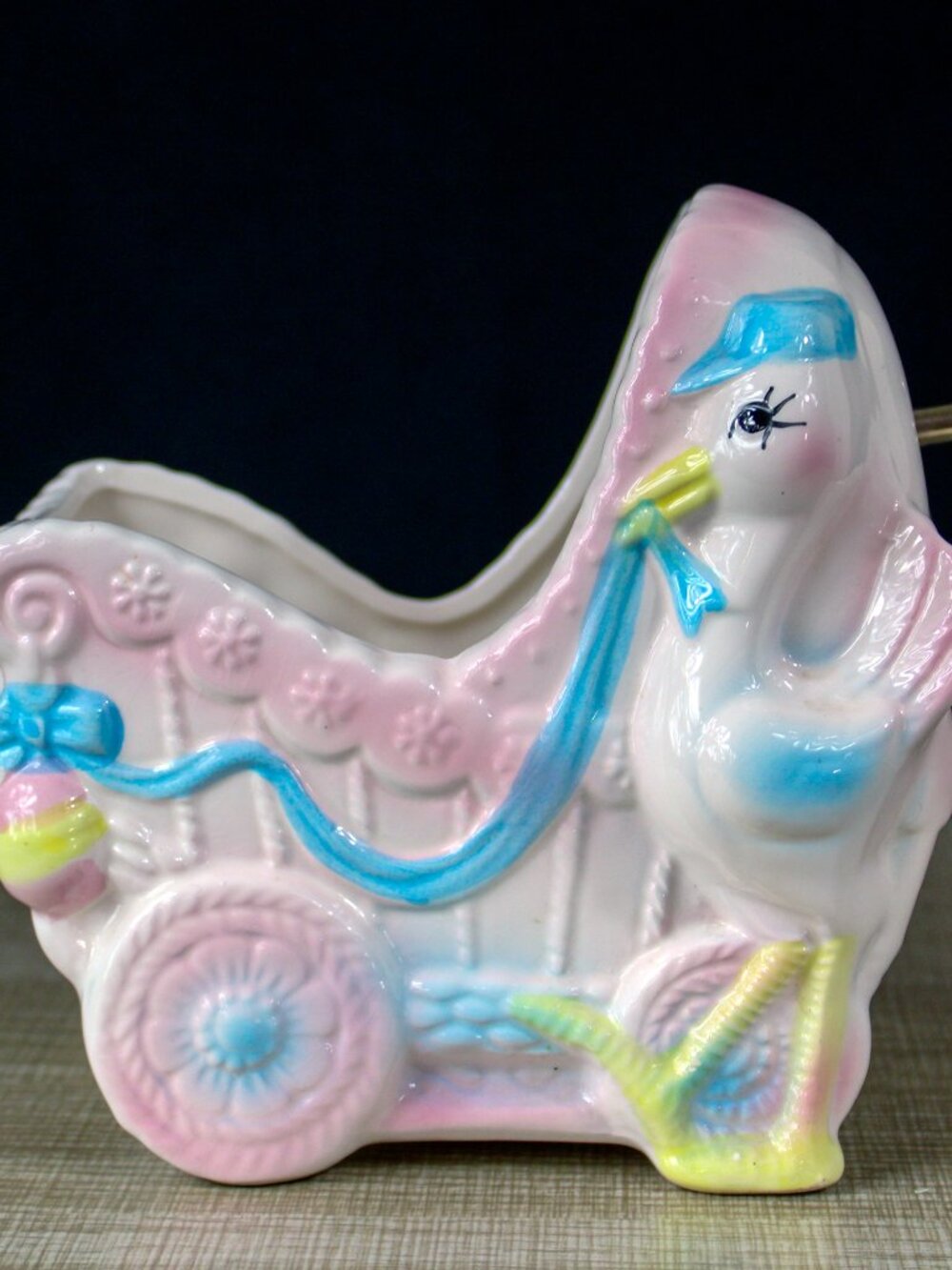 Vintage Rubens Original‎ Ceramic Pink Baby Carriage Working Music Box Japan 60s